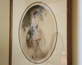 Framed Print of Woman with Birdcage by Artist Louis Icart, 22 1/2” w x 28 1/2” w