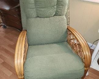 Mid Century Modern Rattan Lay-Z-Boy Recliner Chair, 29” w x 39” h x 35” d --- Chair has a cigarette burn in the seat of the chair.