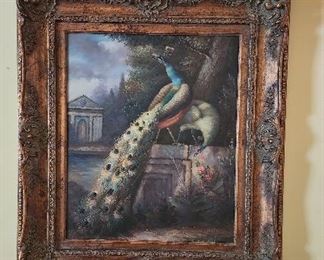 Framed Peacock Painting Art, Signed Acong, 30” w x 33”h