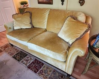 Two Seater Gold Upholstered Rolled Arm Sherrill Loveseat Sofa, 74” w x 34” h x 14” d