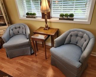 Pair of Blue Upholstered Tufted Back Barrel Chairs, 26” w x 28” h x 27” d - Nesting Table, 22” w x 24”h x 15 1/2” d