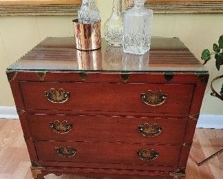 Henredon Asian Inspired Petite Chest of Drawers w/ Glass Top and Brass Butterfly Shaped Drawer Pulls, 26” w x 25” h x 17” d