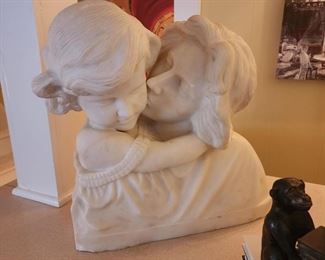 Italian Large Marble Alabaster Statue Sculpture Bust of Mother and Child, Umberto Stiaccini, 18” w x18” h x 8”d