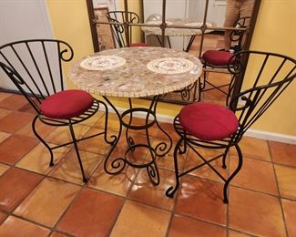 Wrought Iron Mosaic Bistro Patio Dining Set, Includes Pique Assiette Table Top and Two Chairs, 28” w x 30” h x28” d