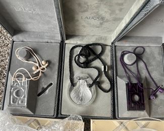 Lalique Clear Crystal Art Deco Logo Letter Pendant Necklace, Lalique Crystal Perfume Bottle Pendant, & Lalique Purple Crystal Art Deco Logo Letter Pendant Necklace (Sold)