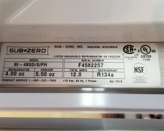 48" Sub-Zero refrigerator mfg. April 2019