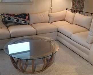 Classic couch and rattan with glass top coffee table