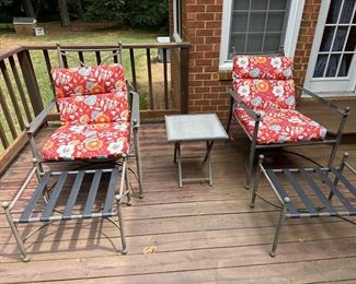 Outdoor Furniture (2) Chairs with Ottomans and Small Table