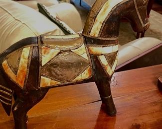 Inlaid, Brass, Copper, and hand-carved wooden horse