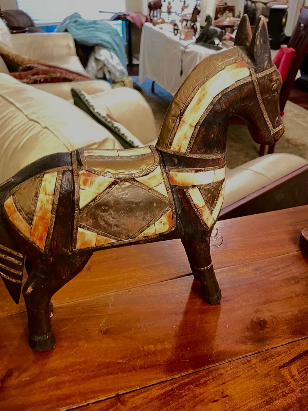 Inlaid, Brass, Copper, and hand-carved wooden horse