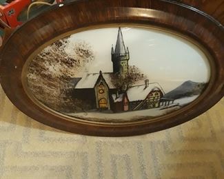 Convex/ bubble  glass 
Reverse  painting on glass  in 
Oval frame 