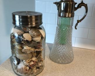 Ball jar filled with shells, pitcher