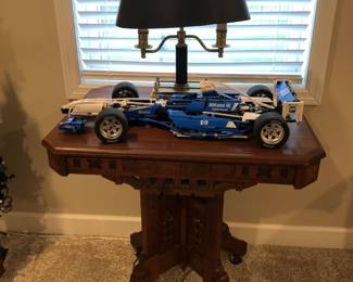 Antique Parlour table, lamp, toy car