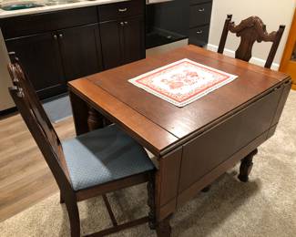 Antique drop leaf table, chairs
