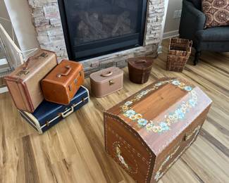 Vintage luggage, hand painted wood trunk