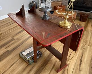 Antique drop leaf table, cruet set, brass desk lamp