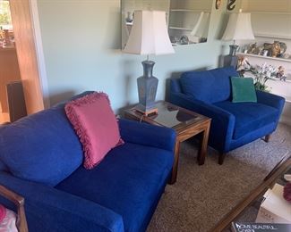 Blue Upholstered Sofa Chair & Love Seat