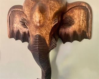Wood Carved Elephant Head Wall Hanging