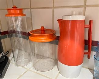 Orange Lidded Tupperware Spaghetti Canister& 2 Liter Canister, Aladdins Beverage Butler Thermos Pitcher