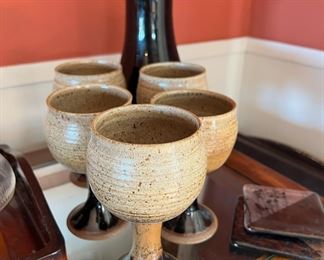 Set of 5 Brown/Cream Stoneware Goblets