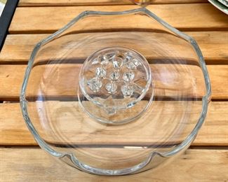 Clear Blown Glass Scalloped Console Bowl with Flower Frog