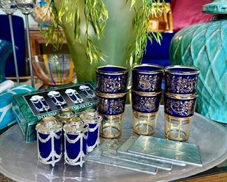Set of 6 Blue with Gold Gilding Korean Tumblers, International Silver Co Cobalt Blue Glass Salt & Pepper Shakers