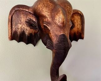 Wood Carved Elephant Head Wall Hanging