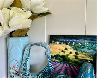 Blue Striped Blown Glass Wavy Basket, Blue/Green Ceramic Pear & Apple