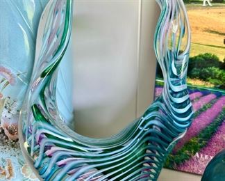 Blue Striped Blown Glass Wavy Basket