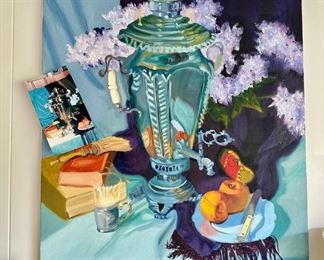 Framed Oil Painting - Still life of Lilacs in Vases, Teacup & Saucer, Samovar by Hal Yaphe