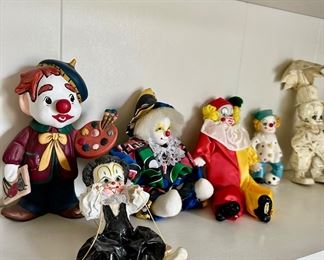 Assortment of Porcelain Clown Dolls, Paper Mache Clowns
