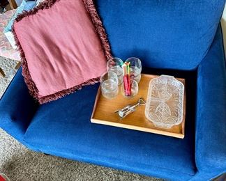 Two Blue Upholstered Sofa Chairs