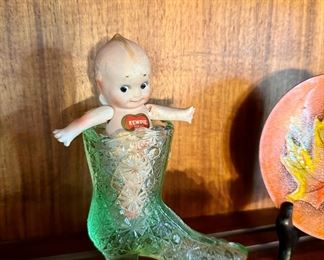 Small Bisque Kewpie Doll, Green Glass Boot Figurine