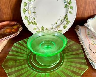 Green Depression/Uranium Glass Platter & Custard Cup