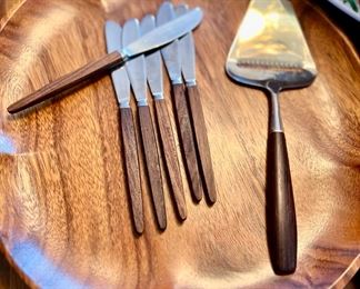 Set of 6 Wood Handled Butter Knives, Wood Serving Platter, Wood Handled Cheese Slicer