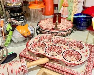 Temp-tations Tara Old World Red Muffin Pan, Rolling Pin, 2 Serving Platters, Serving Bowl