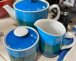 1996 Holt Howard Blue/Green Stripe Sugar Bowl, Creamer & Teapot