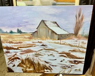 Oil Painting of Barn in the Winter by Hal Yaphe