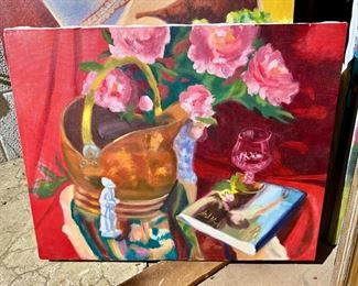 Still Life of Poppies, Dining Table, Goblet, Scuttle Bucket by Hal Yaphe