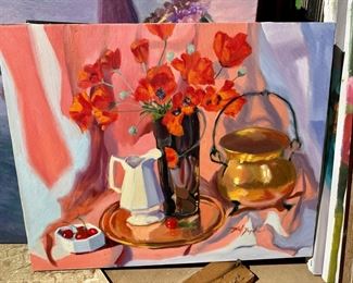 Oil Painting of Still Life, Platter, Vase with Poppies, Fruit Bowl, Copper Bucket and Jug by Hal Yaphe