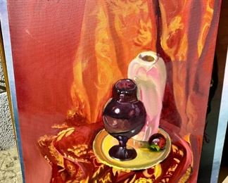 Oil Painting of Gold Platter, Two Vases and Red & Gold Tablecloth by Hal Yaphe
