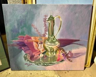Oil Painting of Still Life Silver Kettle, Wine Glass and Parasol on Silver Platter by Hal Yaphe