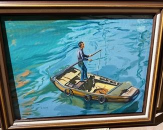 Fisherman in Boat Oil Painting by Hal Yaphe