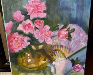 Oil Paining on Cavas - Still Life of Peonies, Hand Fan, Teapot by Hal Yaffe