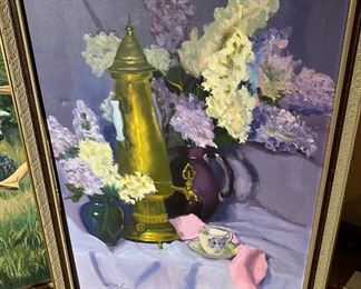 Framed Oil Painting - Still life of Lilacs in Vases, Teacup & Saucer, Samovar by Hal Yaphe