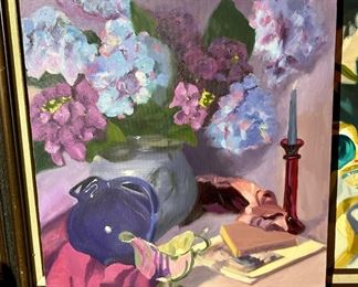 Oil Painting on Canvas - Still life of Hydrangeas in Vase, Silver Gravy Boat, Candlestick by Hal Yaphe