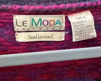 Size Large, Purple/Pink/Blue LeModa Hand Loomed Sweater/Cardigan