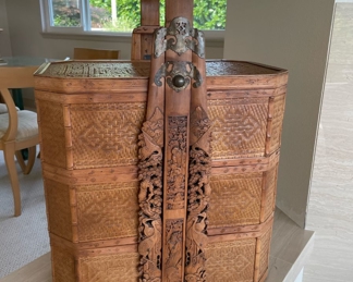 Chinese 3 Tier Carved Wood Stacking Wedding Basket
