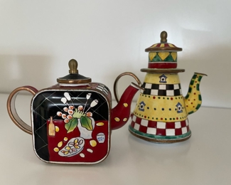 2 Kelvin Chen Enamel Copper Hand Painted Mini Teapots