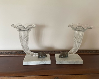 Pair of Crystal Cornucopia Ram Head Vases
